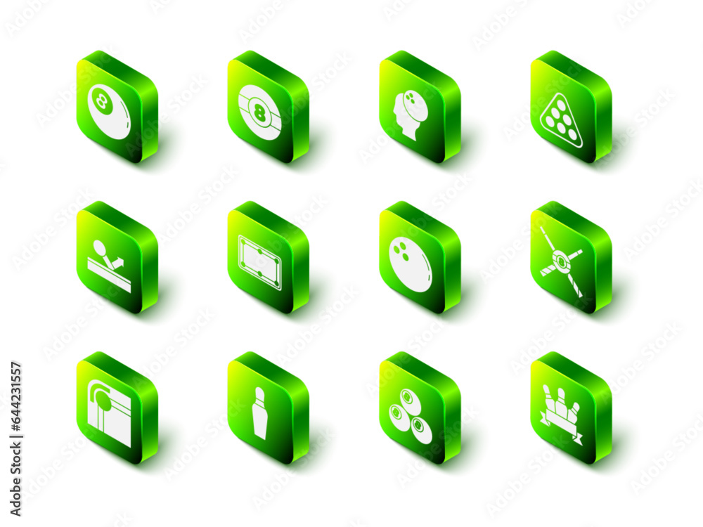 Set Billiard ball, Bowling, balls rack triangle, Crossed billiard cues and, pin, and icon. Vector Set Billiard ball, Bowling, balls rack triangle, Crossed billiard cues and, pin, and icon. Vector