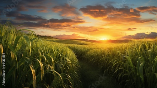 a high-definition image of a lush sugarcane field at golden hour