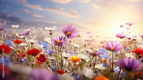 a high-definition image of a vibrant field of wildflowers in full bloom, swaying gently in the breeze