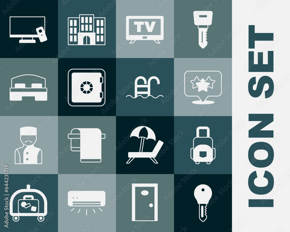 Set Hotel door lock key, Suitcase, Stars rating, Smart Tv, Safe, room bed, and Swimming pool icon. Vector Set Hotel door lock key, Suitcase, Stars rating, Smart Tv, Safe, room bed, and Swimming pool icon. Vector