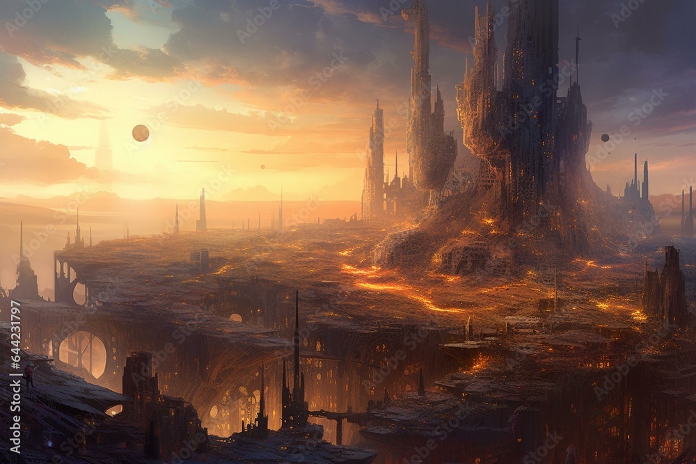An otherworldly metropolis shines in obscurity, adorned with cosmic radiance. Generative AI
