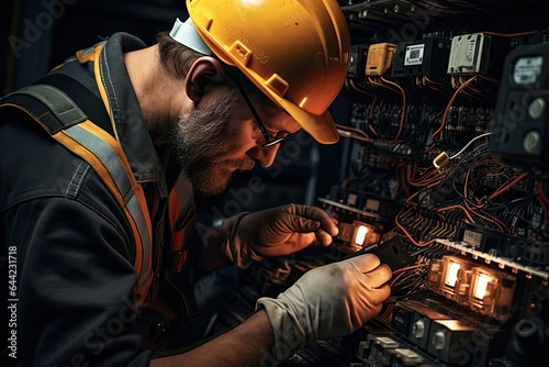 elektryk przy pracy w rozdzielni elektrycznej pod napięciem