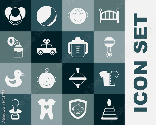 Set Pyramid toy, Baby t-shirt, Rattle baby, Little boy head, Toy car, Breast pump, dummy pacifier and bottle icon. Vector