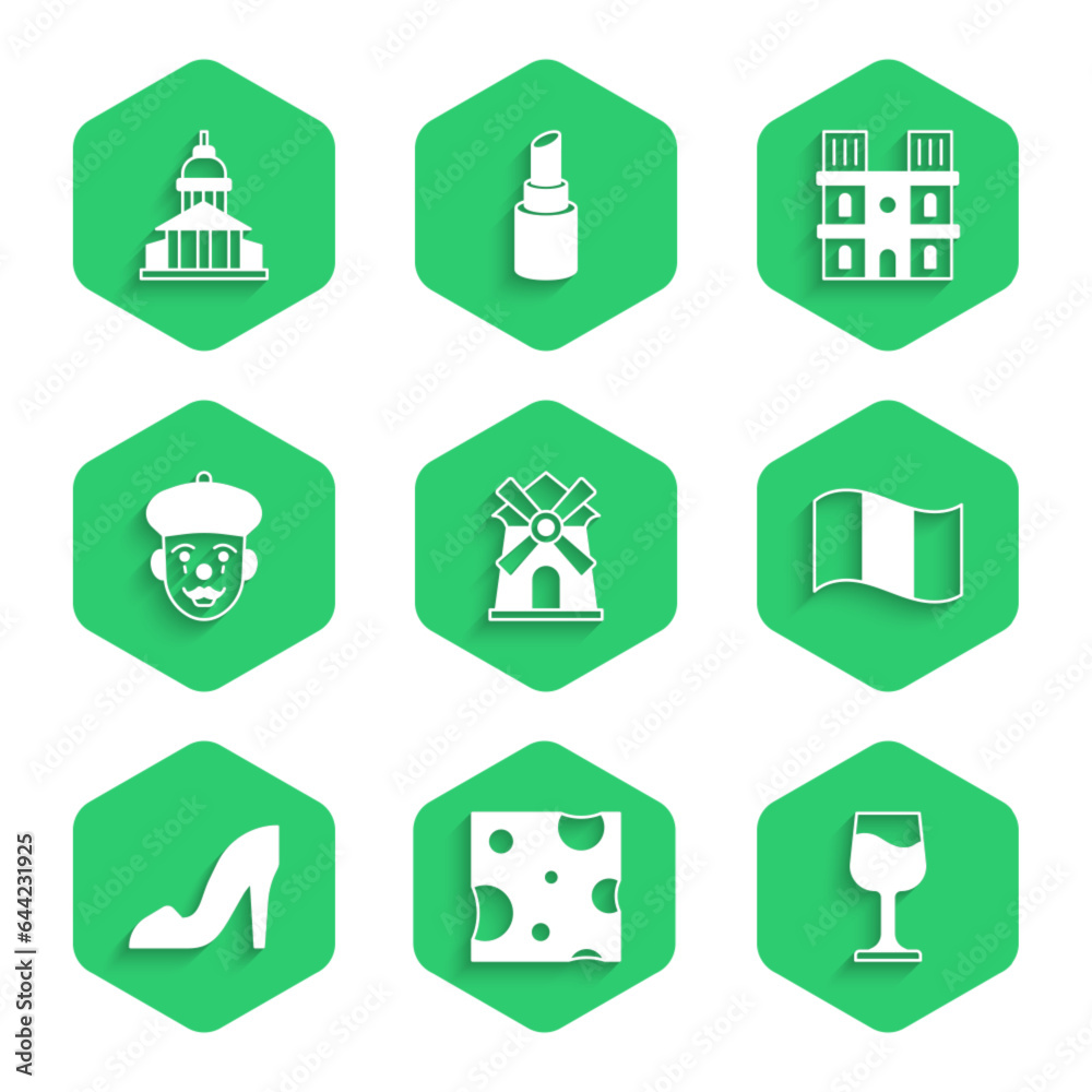 Set Windmill, Cheese, Wine glass, Flag France, Woman shoe, French mime, Notre Dame de Paris and Museum building icon. Vector Set Windmill, Cheese, Wine glass, Flag France, Woman shoe, French mime, Notre Dame de Paris and Museum building icon. Vector