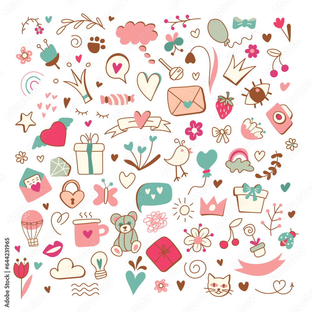 A set of hand-drawn elements for Valentine's Day. All objects are separated. Vector illustration. Valentine's Day. Doodle. Use for concept design. A set of hand-drawn elements for Valentine's Day. All objects are separated. Vector illustration. Valentine's Day. Doodle. Use for concept design.
