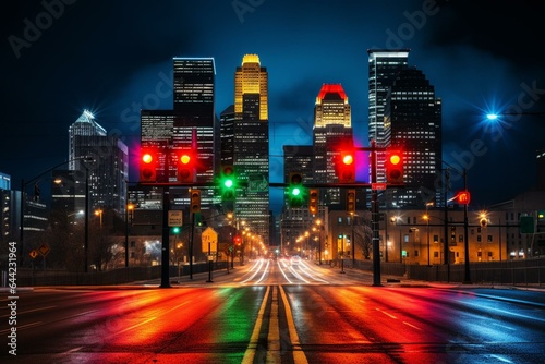 A night view of Minneapolis skyline with a traffic light. Generative AI