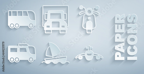 Set Yacht sailboat, Scooter, Bus, Plane, Delivery cargo truck and icon. Vector
