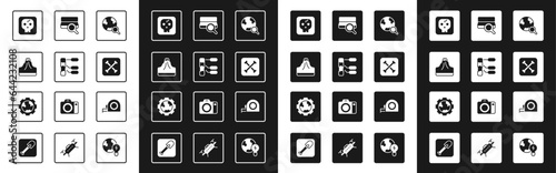 Set Magnifying glass with globe, Soil analysis, Volcano, Archeology, Roulette construction and Gear wheels and earth icon. Vector