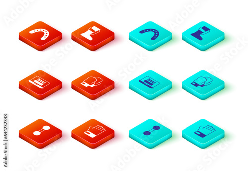 Set Dumbbell, MMA glove, Boxing ring, Sport boxing shoes and Mouth guard boxer icon. Vector