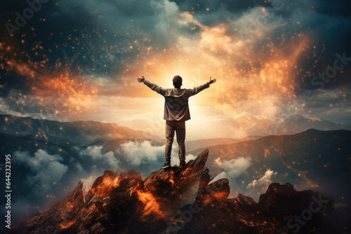 A young man standing on top of a burning mountain with his arms open trusting and talking to God Generative AI Illustration