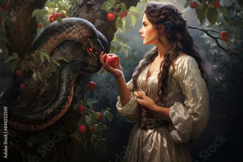Tela Eve in paradise with the forbidden fruit in her hand and to be tempted by Satan