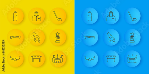 Canvas Print Set line Ice hockey sticks and puck, Human broken bone, Whistle, Hockey stadium, Award cup, Fitness shaker, and coach icon