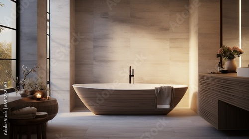 a serene scene of a spa-inspired bathroom with a freestanding bathtub  natural stone tiles  and soft  indirect lighting