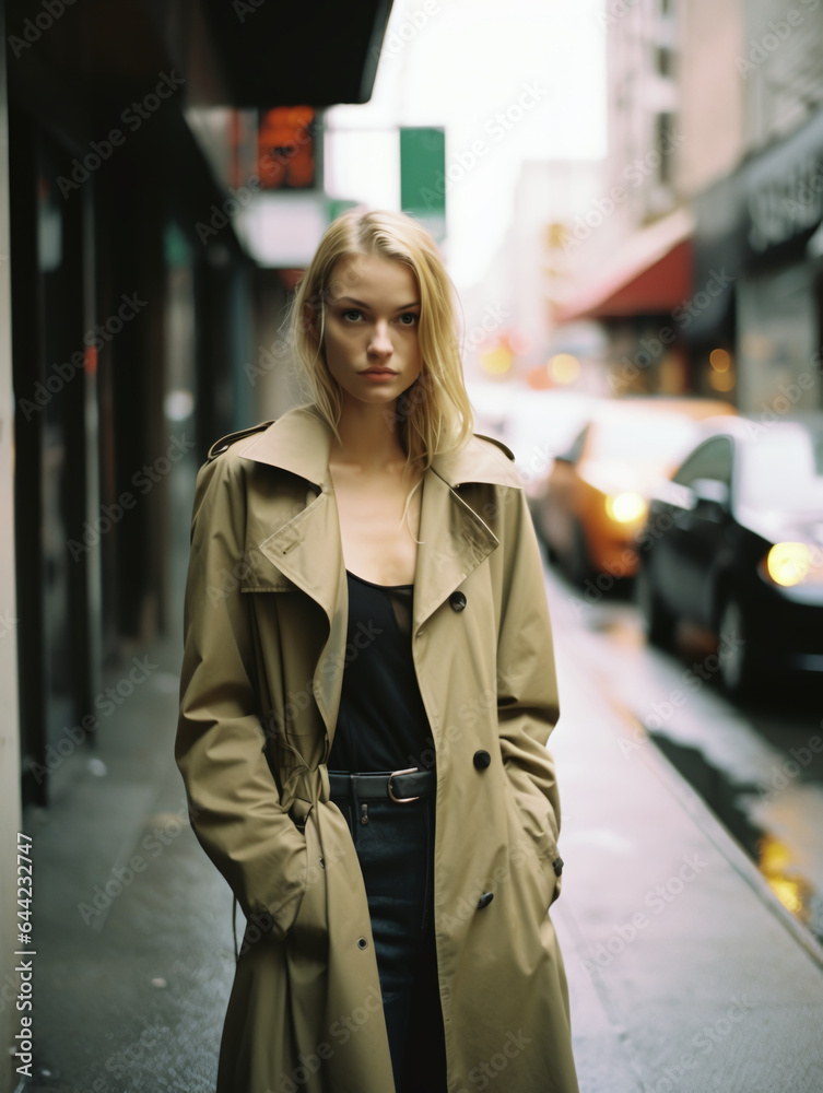 Blonde model posing on the street with beige  leather jacket in a urban style. cloudy rainy day and cosmopolitan look.
