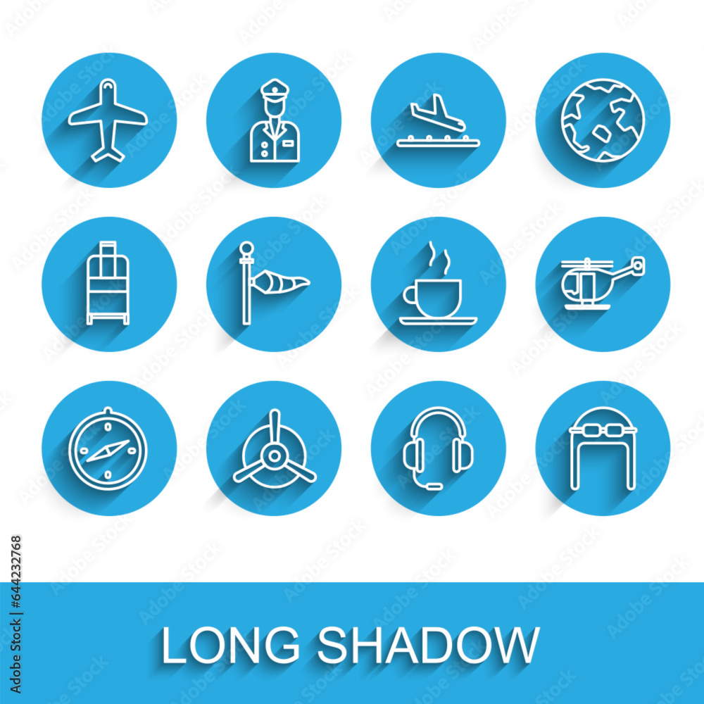 Set line Compass, Plane propeller, Headphones with microphone, Aviator hat goggles, Cone meteorology windsock wind vane, Helicopter and Coffee cup icon. Vector