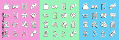 Set line Handcuffs, Deck of playing cards, Diamond, Playing with diamonds, clubs, Joker, Wallet and icon. Vector