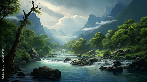 a serene scene of a tranquil river winding through a lush green valley