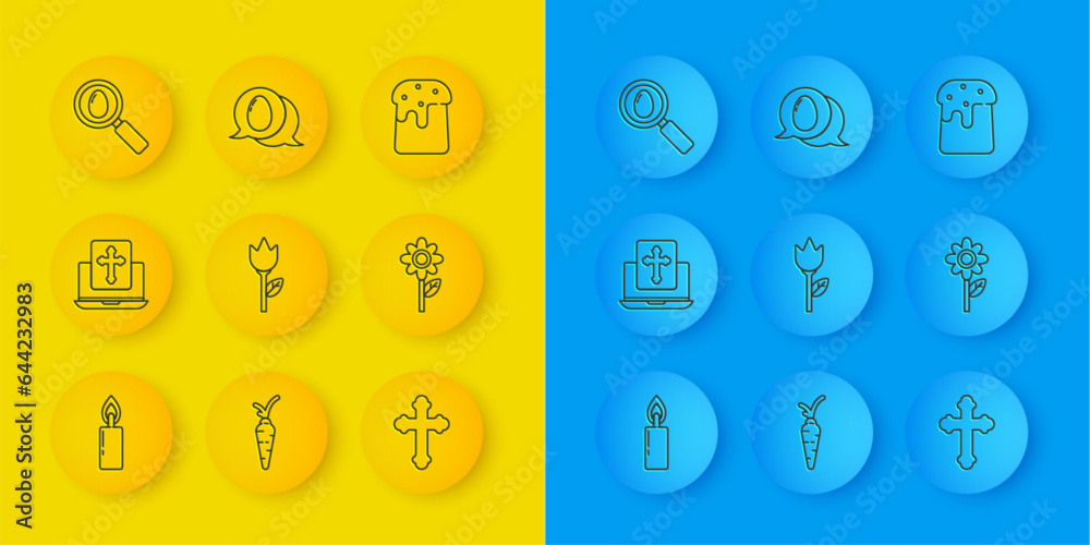 Set line Burning candle, Cross on the laptop screen, Flower tulip, Christian cross, Search easter egg, Easter cake and Speech bubble with icon. Vector Set line Burning candle, Cross on the laptop screen, Flower tulip, Christian cross, Search easter egg, Easter cake and Speech bubble with icon. Vector