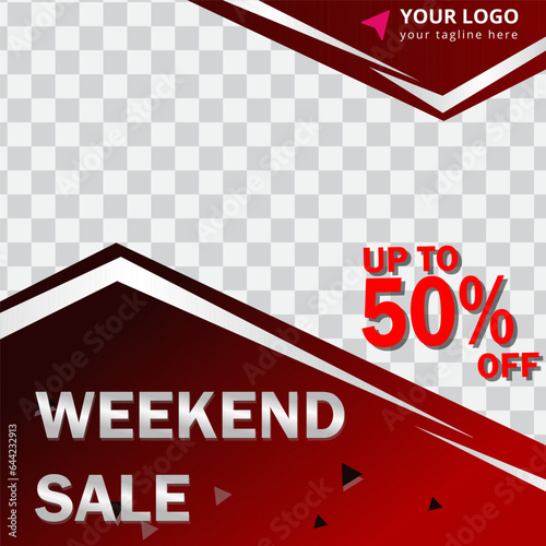 template Weekend sale special offer banner, up to 50% off.