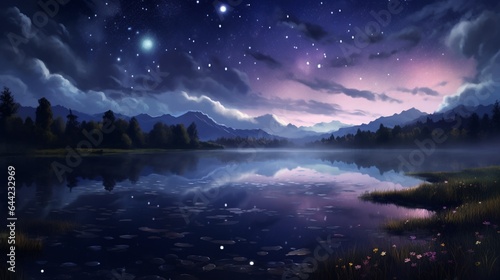 a serene scene of the night sky over a tranquil lake © Muhammad