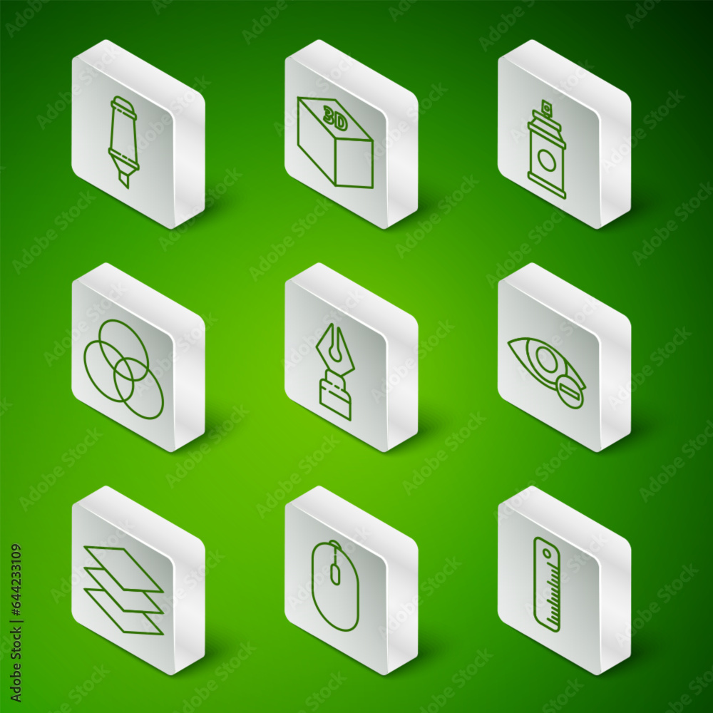 Set line Ruler, Computer mouse, Marker pen, Fountain nib, RGB and CMYK color mixing, Isometric cube, Layers and Red eye effect icon. Vector Set line Ruler, Computer mouse, Marker pen, Fountain nib, RGB and CMYK color mixing, Isometric cube, Layers and Red eye effect icon. Vector