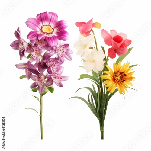 A set of flowers daisy and orchid, against isolated white background