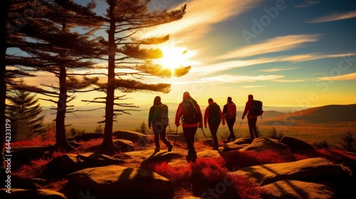 A group of travelers on top of a hill. A beautiful play of light and shadow.