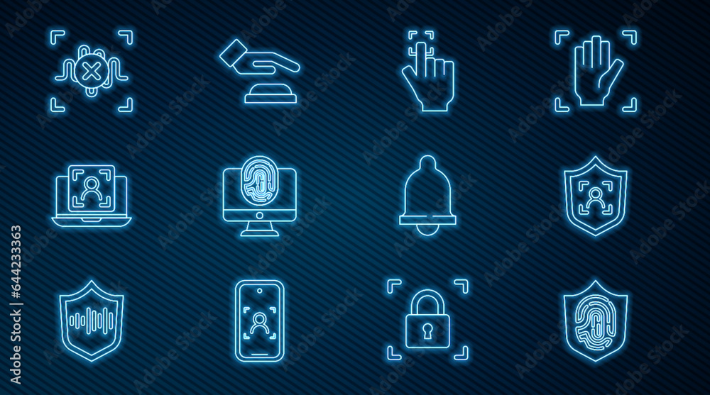 Set line Fingerprint in shield, Shield face recognition, Monitor with fingerprint, Laptop, Rejection voice, Motion sensor and Palm icon. Vector Set line Fingerprint in shield, Shield face recognition, Monitor with fingerprint, Laptop, Rejection voice, Motion sensor and Palm icon. Vector