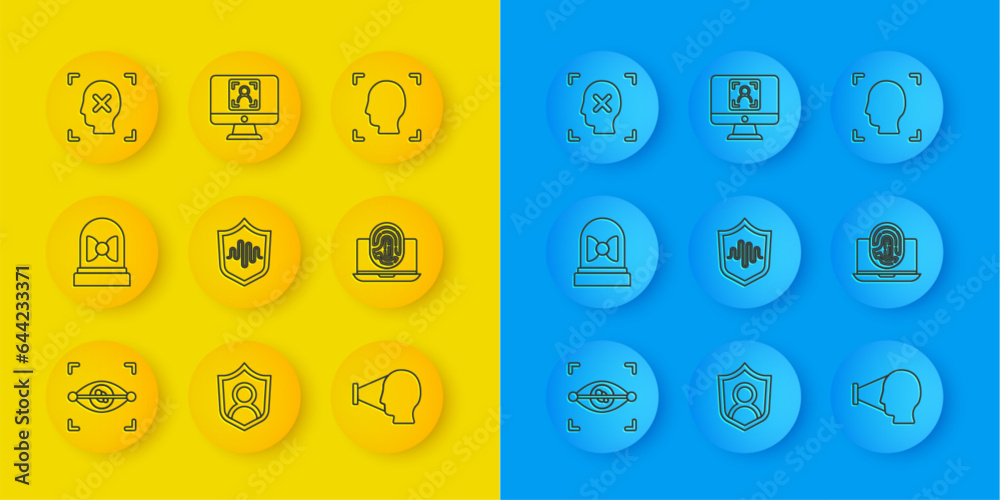 Set line Eye scan, Motion sensor, Shield voice recognition, Face, Laptop with fingerprint, Rejection face, and icon. Vector Set line Eye scan, Motion sensor, Shield voice recognition, Face, Laptop with fingerprint, Rejection face, and icon. Vector