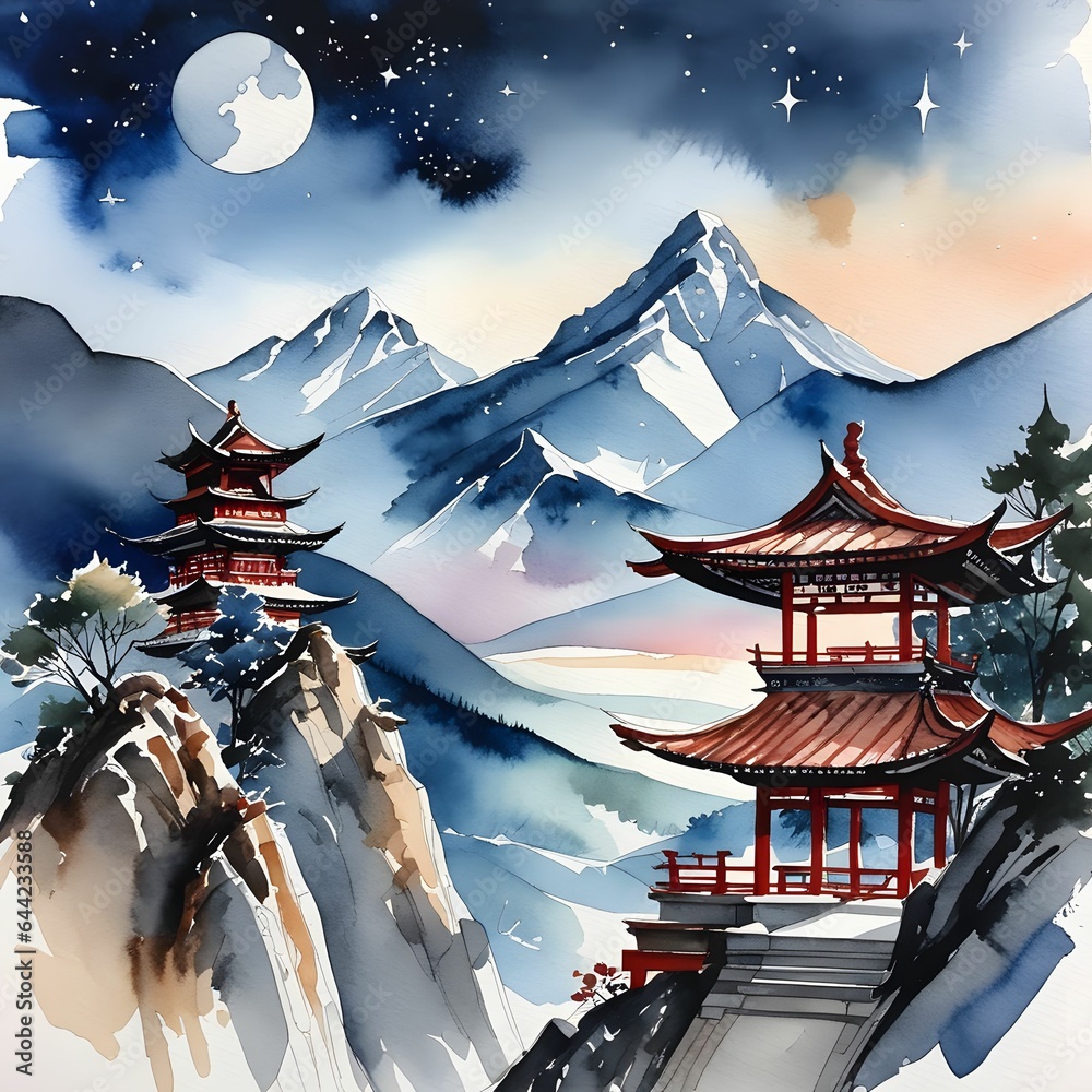 Asian Temple at night with full moon, mountains and stars