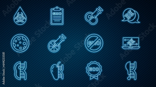 Set line Genetically modified chicken, engineering modification, meat, orange, Petri dish with bacteria, GMO, No and icon. Vector