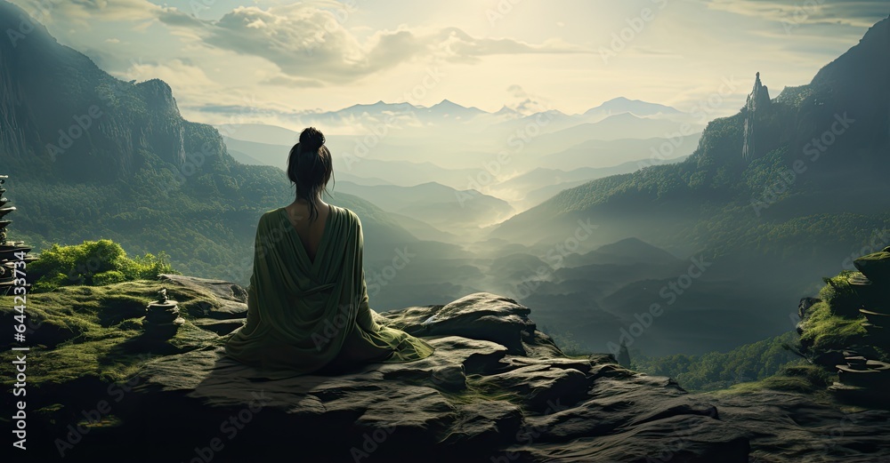 medytacja w naturze w górach, oddychanie przy jodze w naturze - obrazy, fototapety, plakaty 