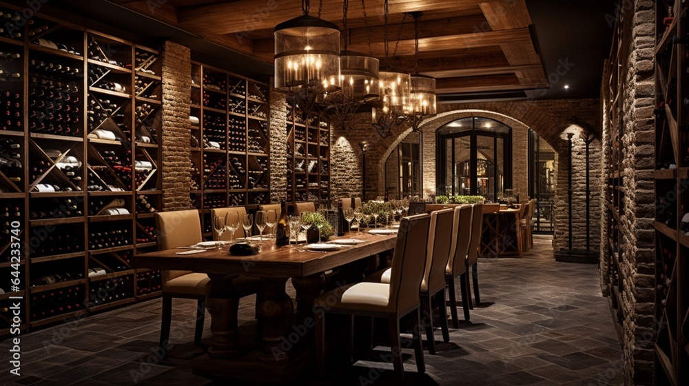 Create an elegant composition featuring a wine cellar in a restaurant, with racks of vintage bottles, dimmed lighting, and a rustic ambiance