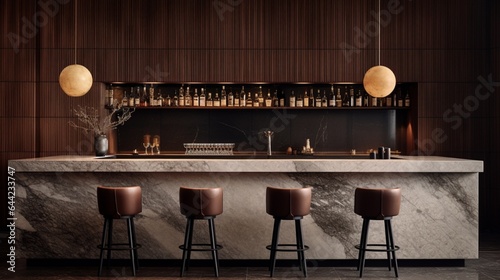 Create an elegant composition showcasing a minimalist restaurant bar with a polished marble counter, designer stools, and a row of premium liquors