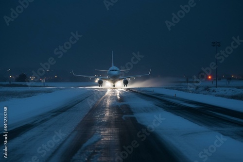Snowy runway departure, potential weather delays. Generative AI
