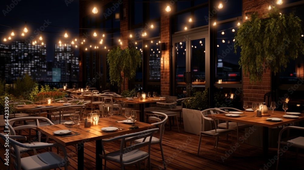 Create an elegant composition featuring a modern restaurant's outdoor terrace, with cozy seating, overhead string lights, and an inviting ambiance
