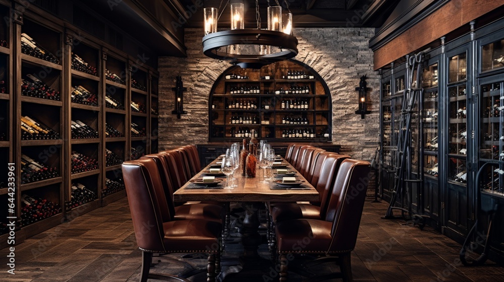 Create an elegant composition featuring a wine cellar in a restaurant, with racks of vintage bottles, dimmed lighting, and a rustic ambiance