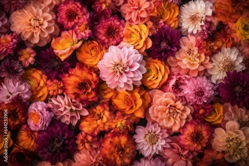 Background of pink and orange flowers. Generative AI