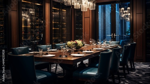 Create an elegant composition featuring a private dining room in a high-end restaurant  with a chef s table  exclusive experience  and gourmet cuisine