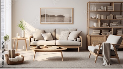 Create an inviting display of a Scandinavian-inspired living room with clean lines, neutral tones, and cozy textiles