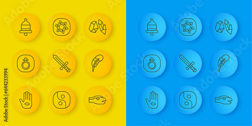 Set line Hamsa hand, Mars, Medieval sword, Snake, Feather pen, Ringing alarm bell, Magic stone and Tarot cards icon. Vector