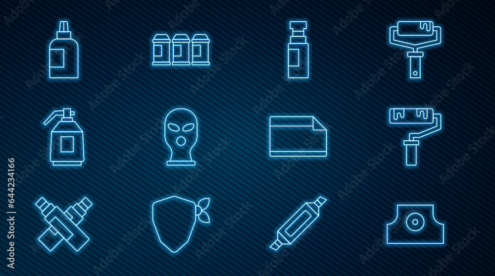 Set line Spray can nozzle cap, Paint roller brush, Marker pen, Balaclava, spray gun, Paint, gouache, jar, dye, Paper adhesive sticker and icon. Vector Set line Spray can nozzle cap, Paint roller brush, Marker pen, Balaclava, spray gun, Paint, gouache, jar, dye, Paper adhesive sticker and icon. Vector
