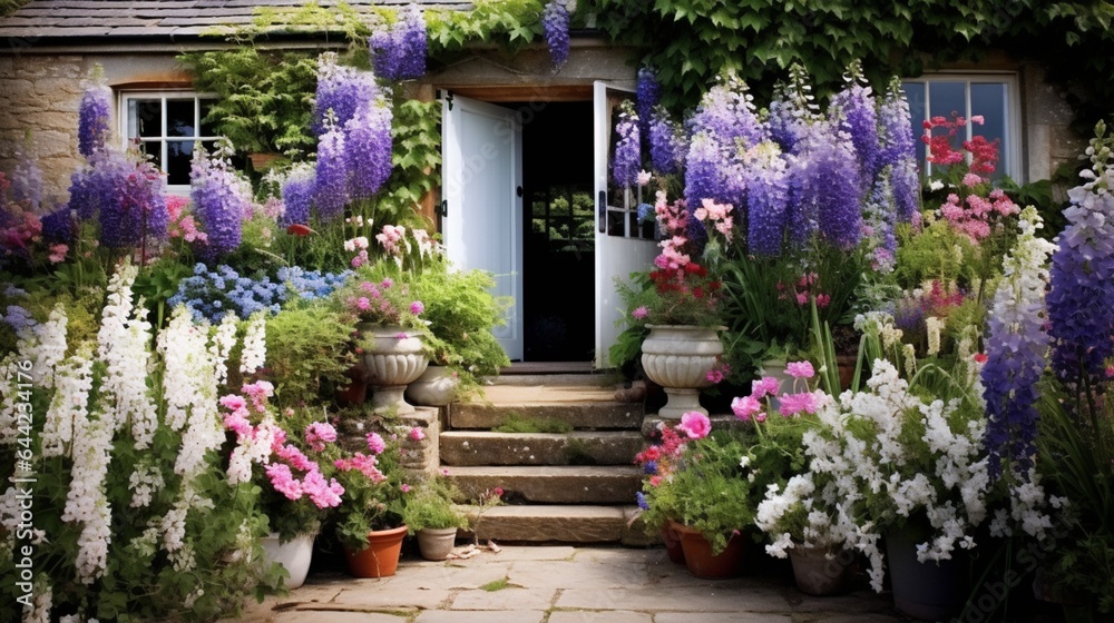 Create an inviting display of a traditional English cottage garden, with a profusion of cottage flowers