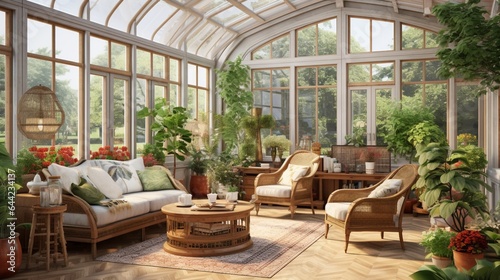 Create an inviting display of a sunlit conservatory with floor-to-ceiling windows  potted plants  and comfortable wicker furniture