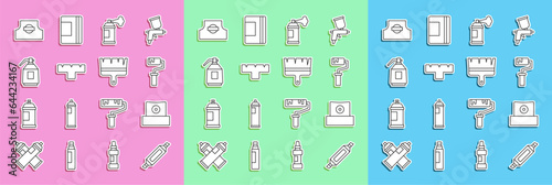 Set line Marker pen, Spray can nozzle cap, Paint roller brush, spray, attachment, gun, and icon. Vector