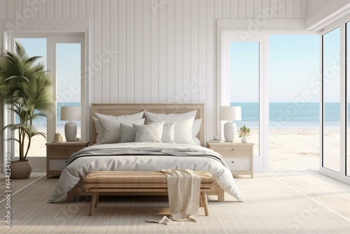 3D render of coastal style bedroom mockup. Generative AI