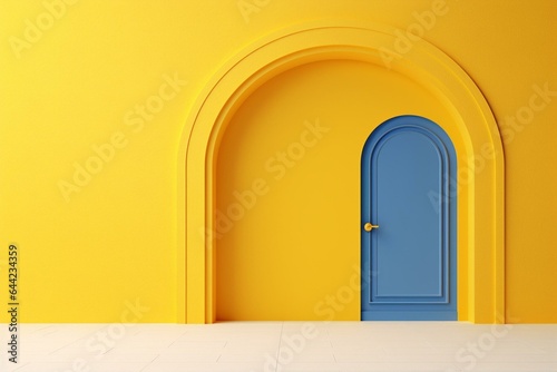 Minimalistic 3D rendering of closed blue door in yellow room, featuring architectural design element. Generative AI