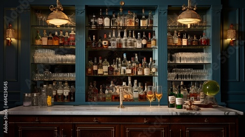 Create an inviting display of a vintage-inspired home bar with a well-stocked liquor cabinet, elegant glassware, and dimmed pendant lights