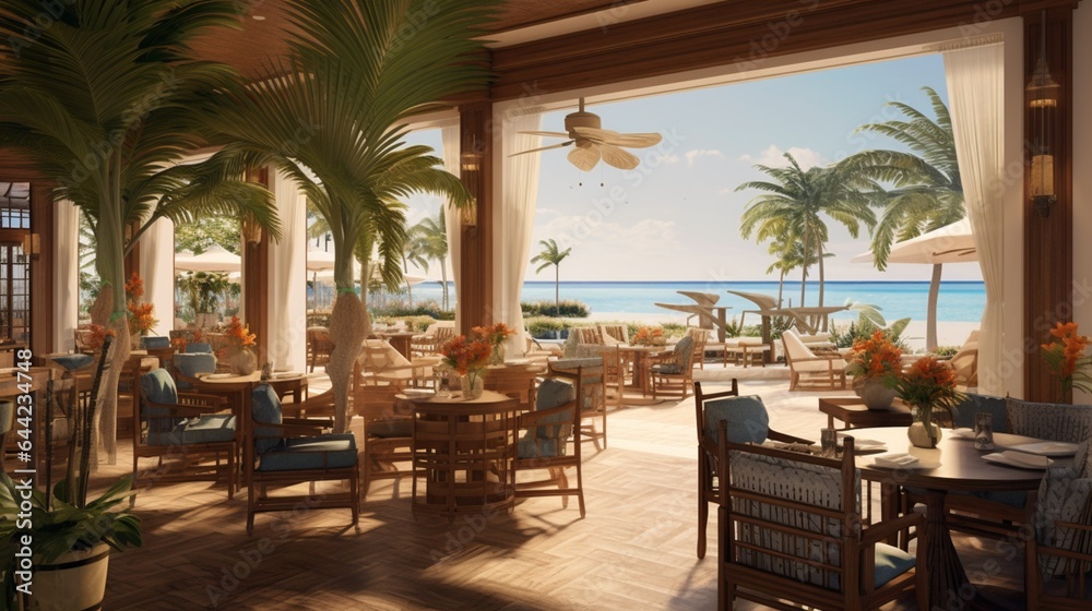 Design a composition that captures the beauty of a beachfront restaurant, with sandy floors, beachfront views, and a tropical vibe