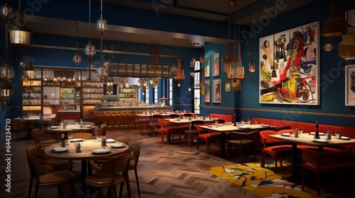 Design a composition that captures the allure of a trendy tapas bar, with small plates, a bustling atmosphere, and a lively crowd